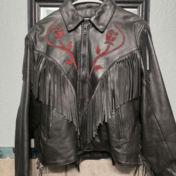 Vtg First Leather Motorcycle Biker Jacket Coat Fringe Red Rose Black Women Sz 12 - Picture 1 of 9